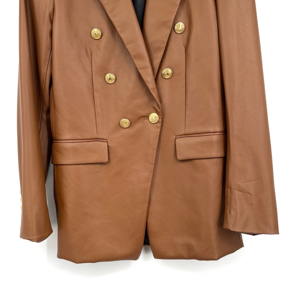 Zara Brown Tan Fall Faux Leather Double Button Blazer Oversized Coat SIze Small - Picture 3 of 5
